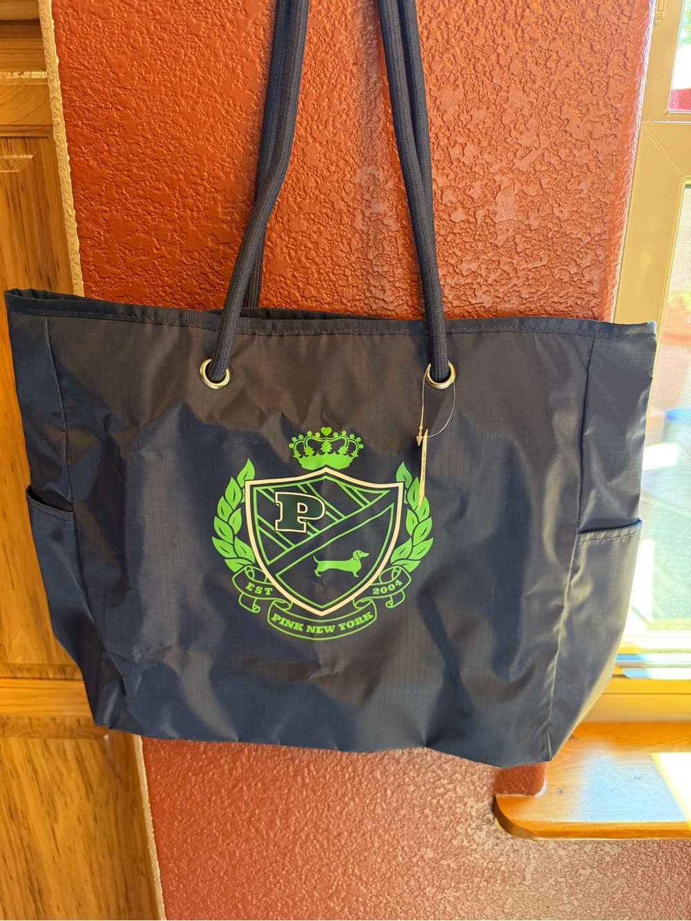 Pink Victoria’s Secret Navy Tote with Lime Crest